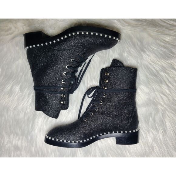 Stuart Weitzman|Sondra Bead Embellished Black Glitter Combat Boots, 6 - Picture 9 of 16